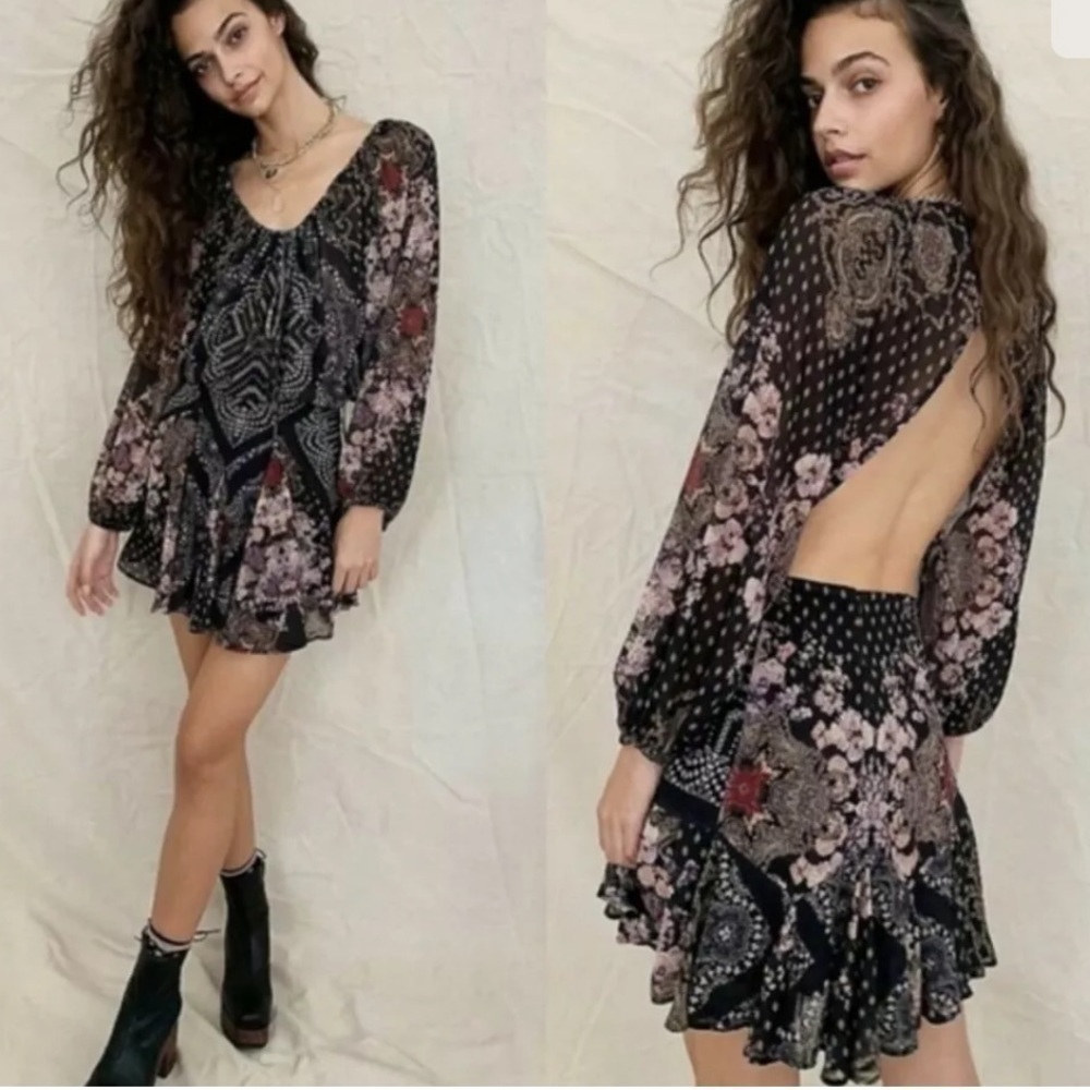 NWT Free People Seven Wonders chiffon minidress open back long sleeves S